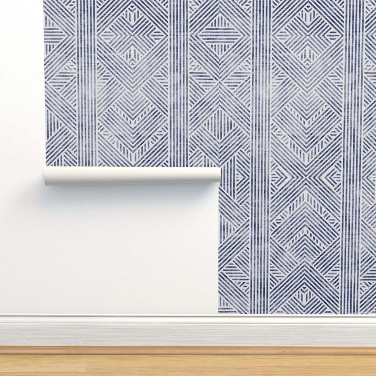 Blue Geometric Line Diamond Wax Stripes Boho Chic Coastal Custom Removable Wallpaper by Spoonflower Peel & Stick Wallpaper 2FT Wide